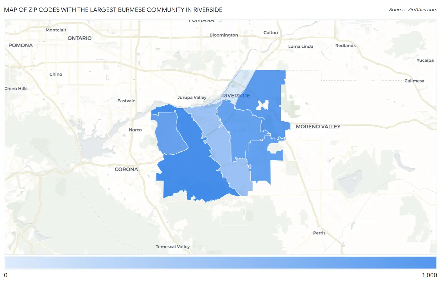 Zip Codes with the Largest Burmese Community in Riverside Map