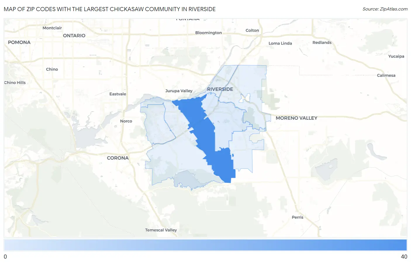 Zip Codes with the Largest Chickasaw Community in Riverside Map
