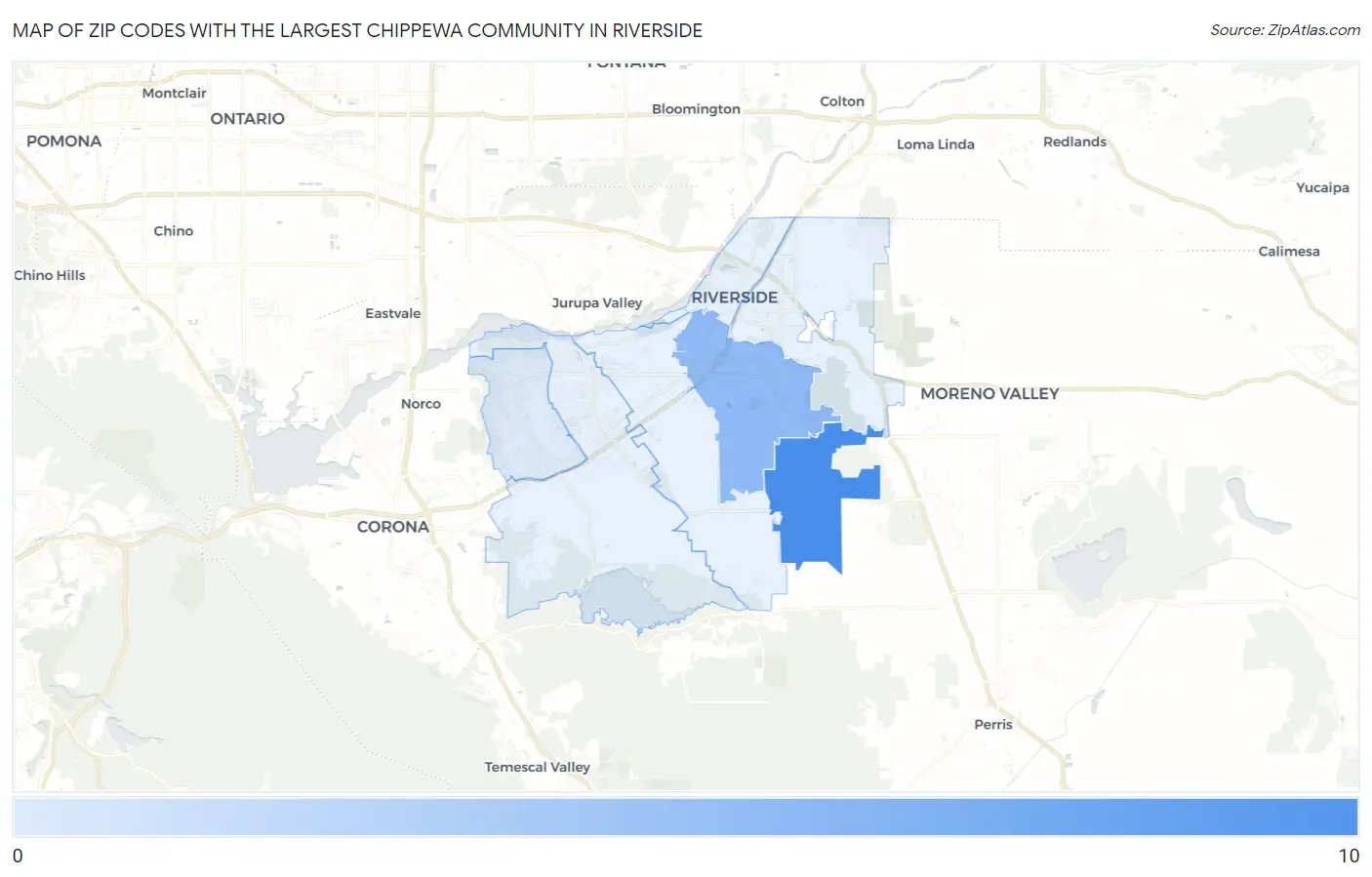 Zip Codes with the Largest Chippewa Community in Riverside Map