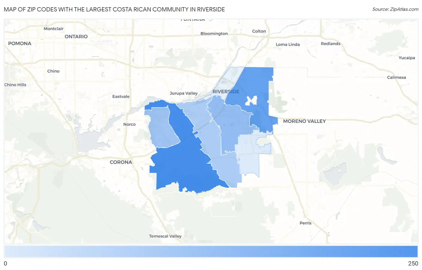 Zip Codes with the Largest Costa Rican Community in Riverside Map