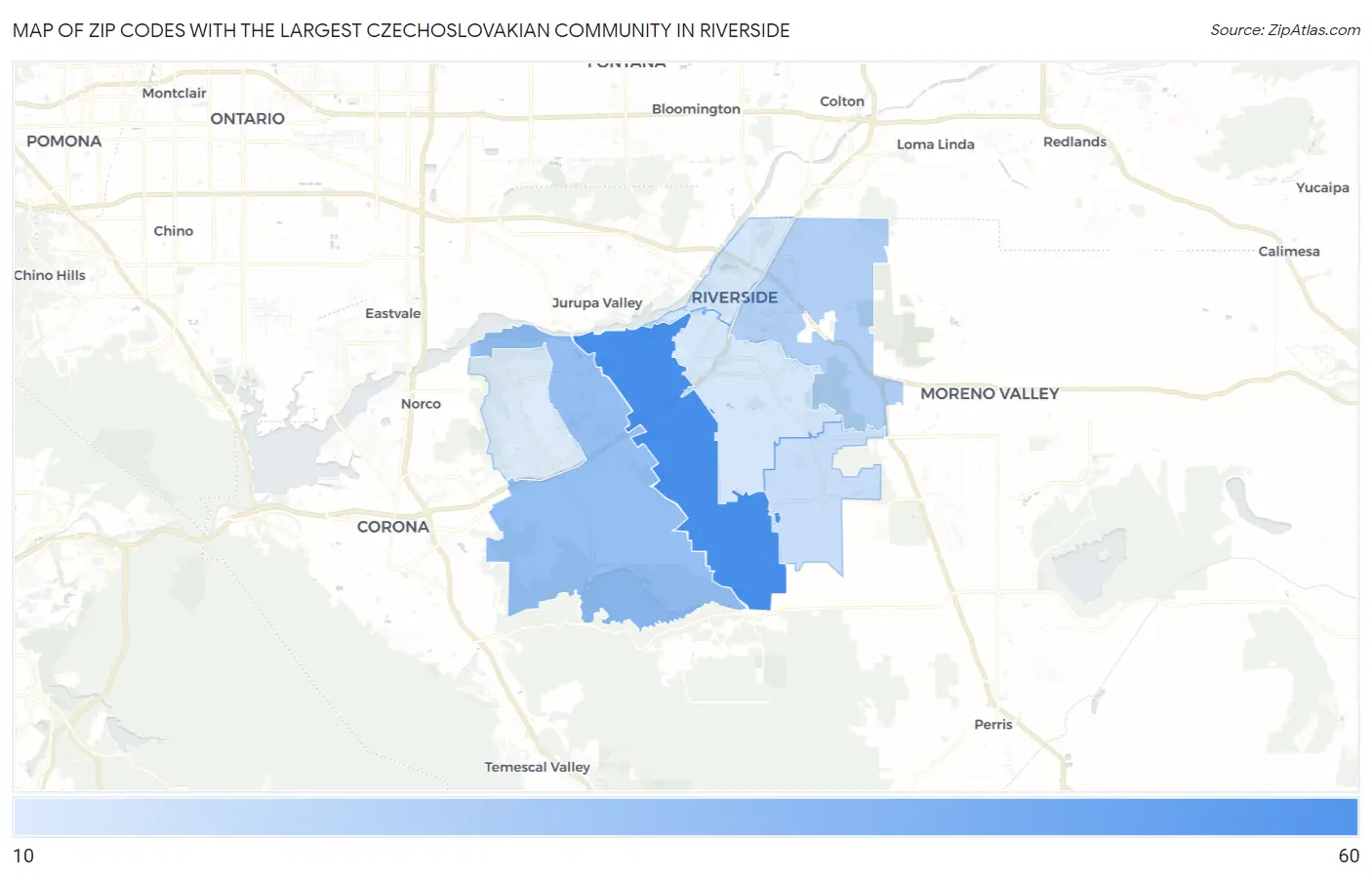 Zip Codes with the Largest Czechoslovakian Community in Riverside Map