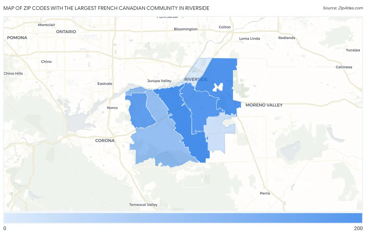 Zip Codes with the Largest French Canadian Community in Riverside Map