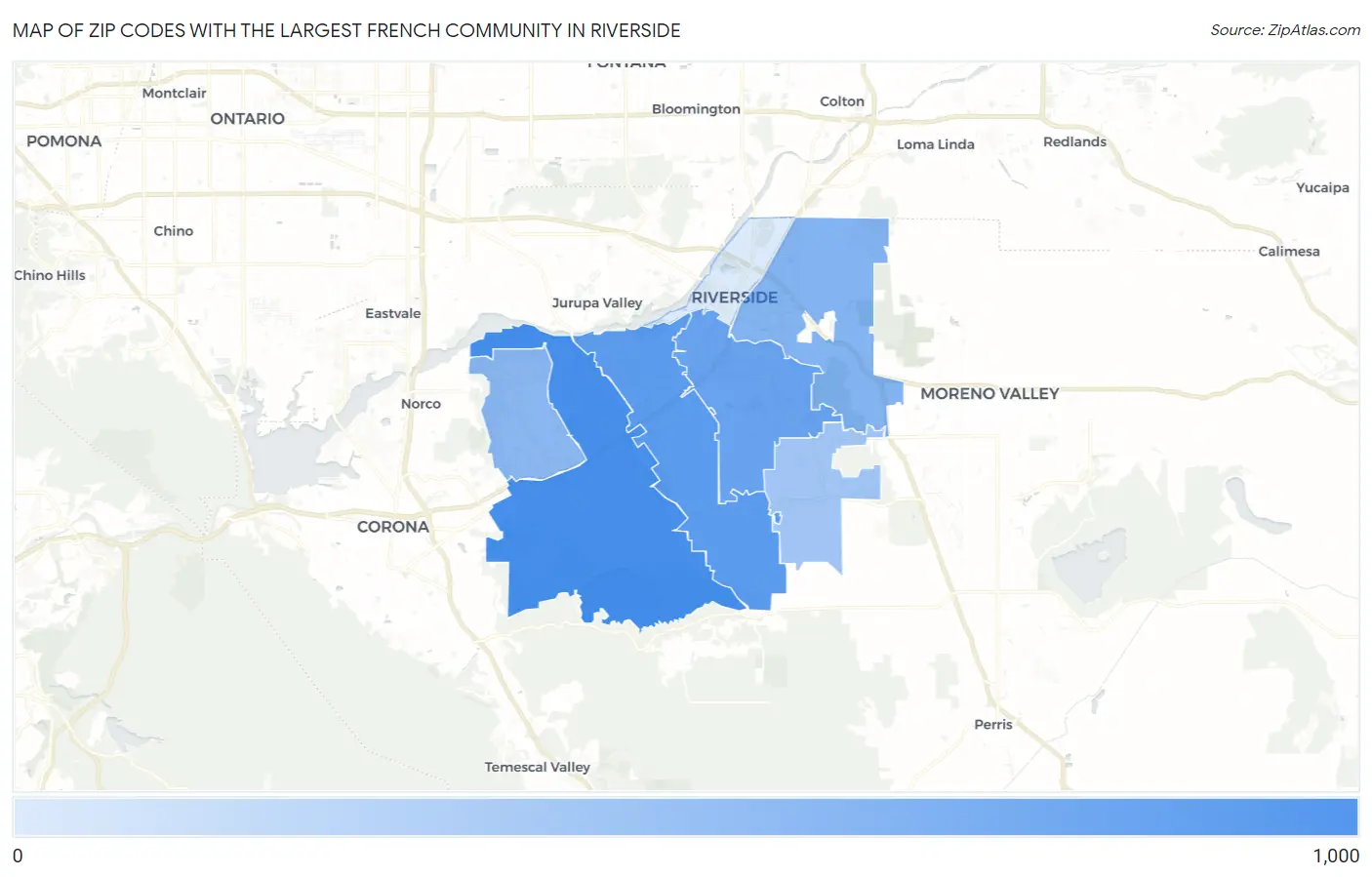 Zip Codes with the Largest French Community in Riverside Map