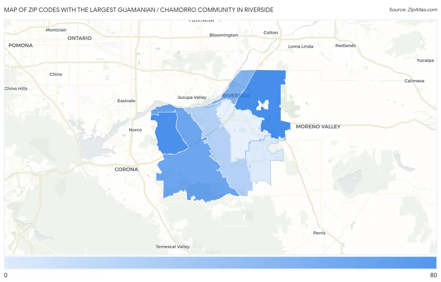 Zip Codes with the Largest Guamanian / Chamorro Community in Riverside Map