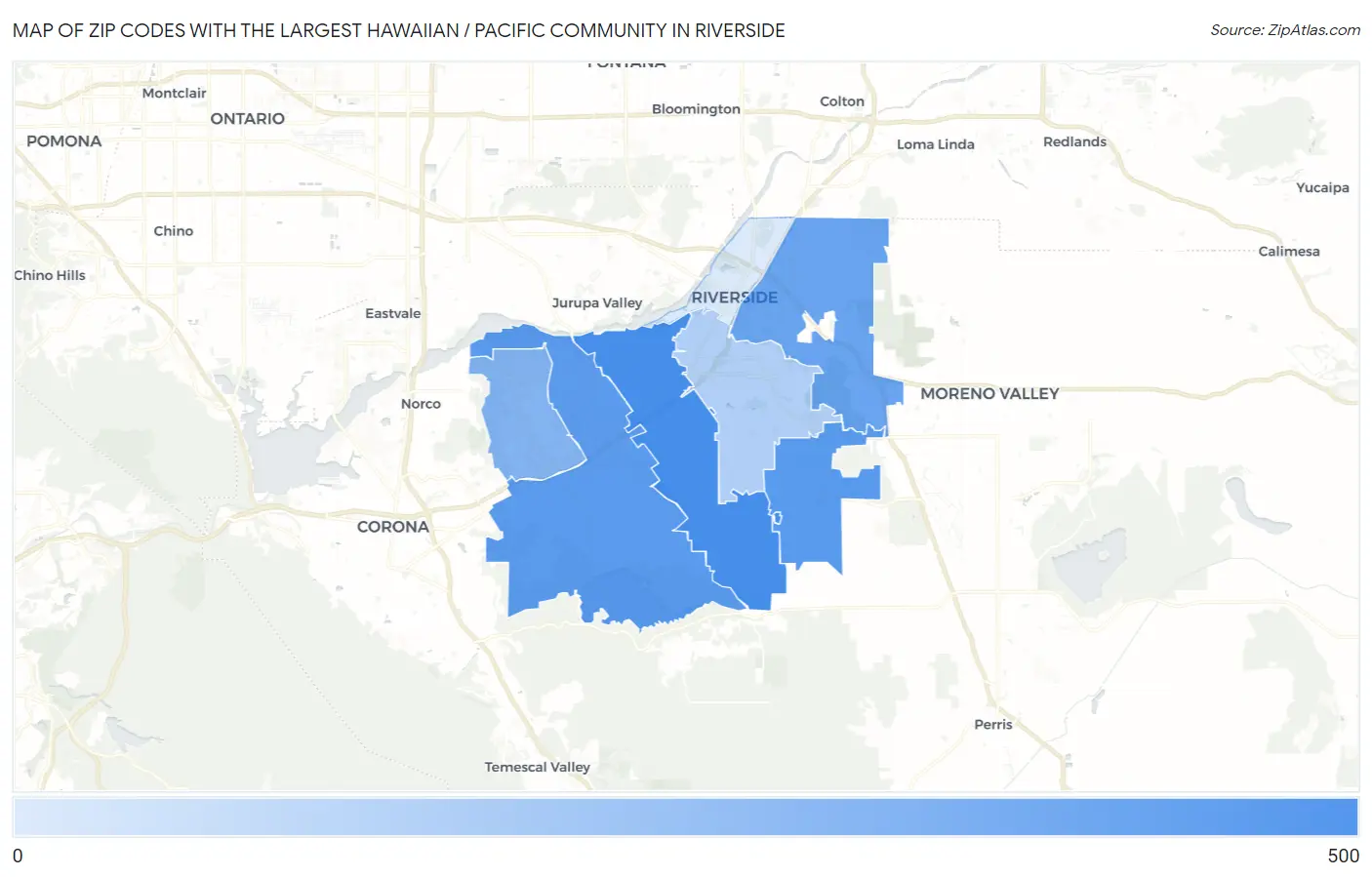 Zip Codes with the Largest Hawaiian / Pacific Community in Riverside Map