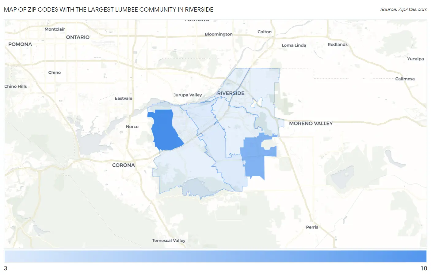 Zip Codes with the Largest Lumbee Community in Riverside Map