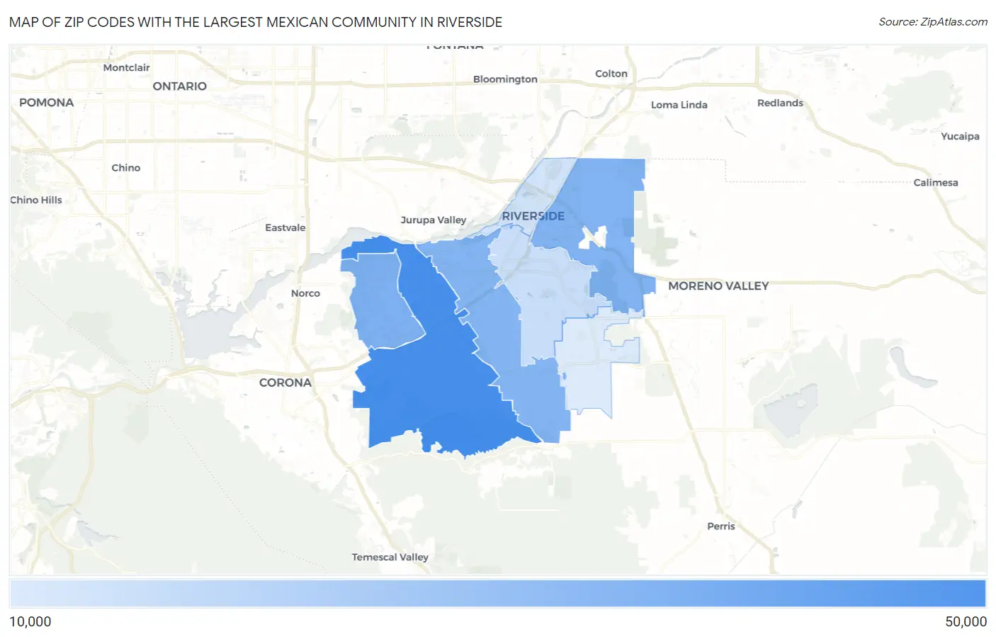 Zip Codes with the Largest Mexican Community in Riverside Map
