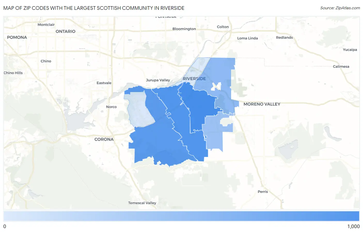 Zip Codes with the Largest Scottish Community in Riverside Map