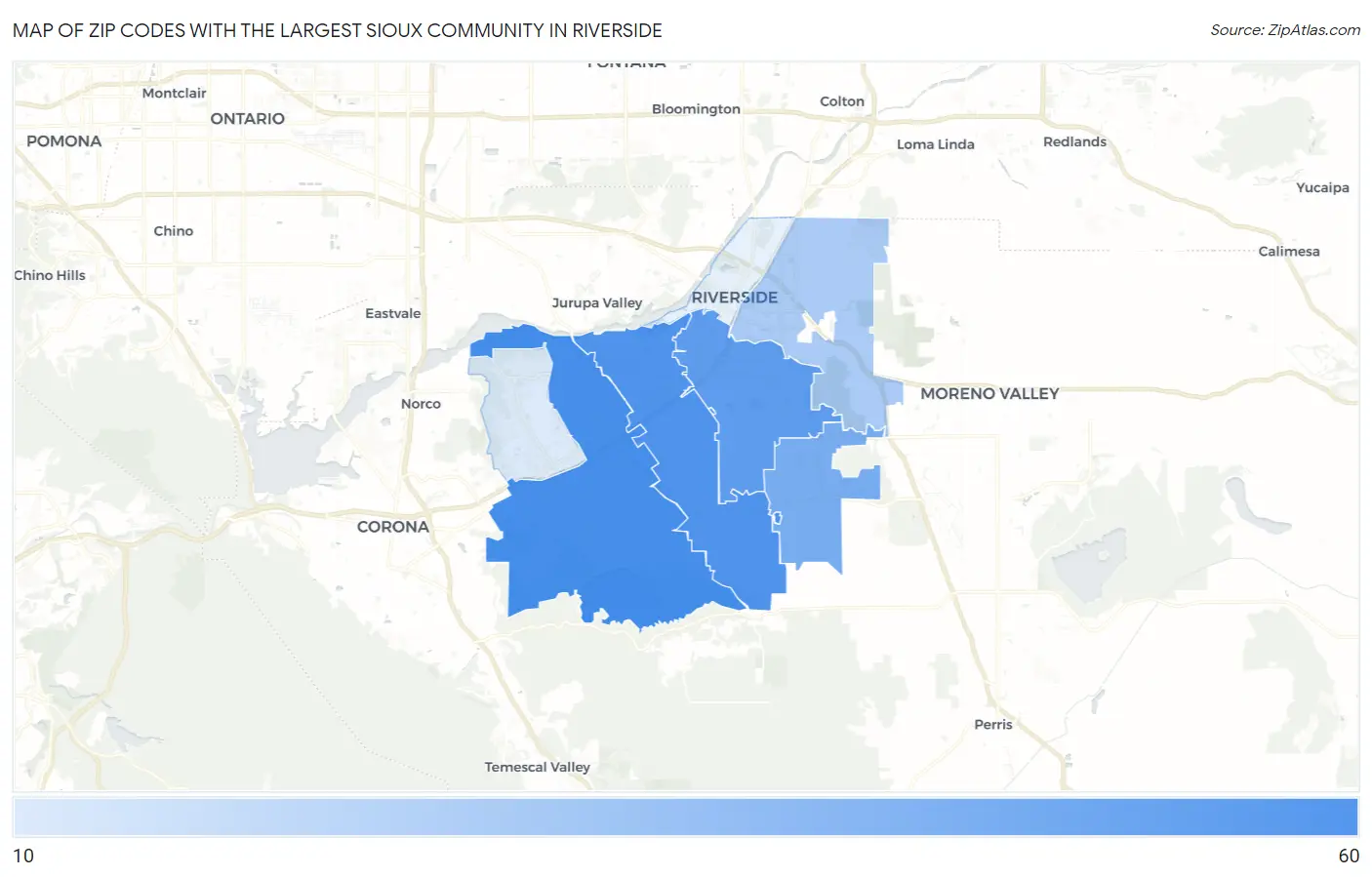 Zip Codes with the Largest Sioux Community in Riverside Map