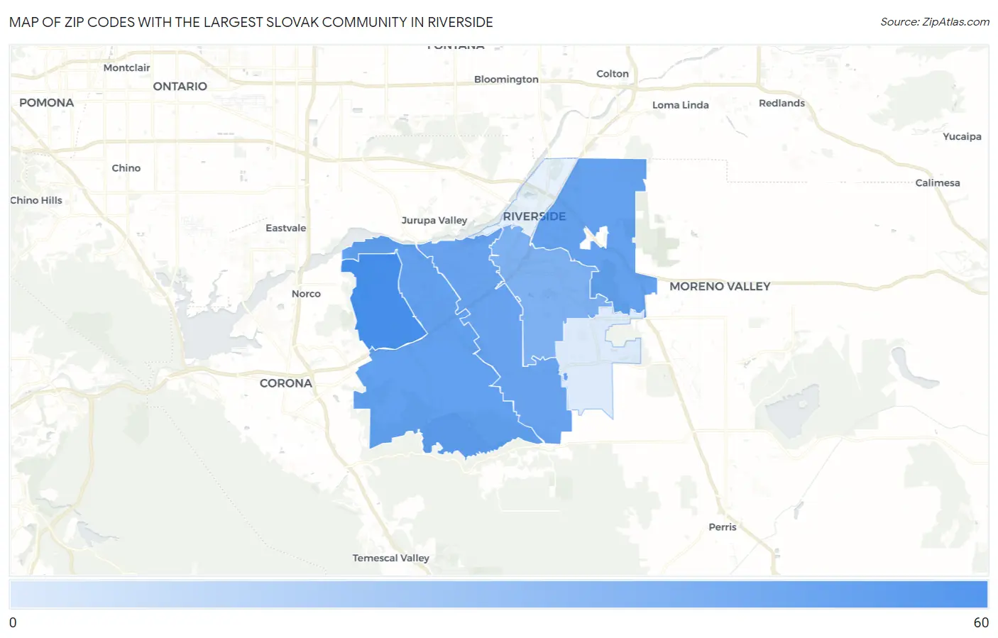 Zip Codes with the Largest Slovak Community in Riverside Map