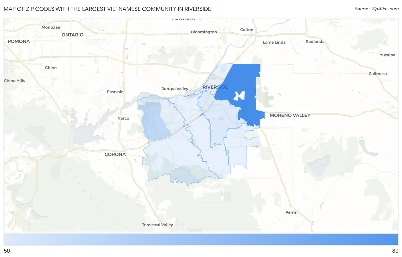 Zip Codes with the Largest Vietnamese Community in Riverside Map