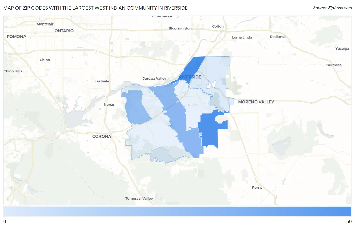 Zip Codes with the Largest West Indian Community in Riverside Map
