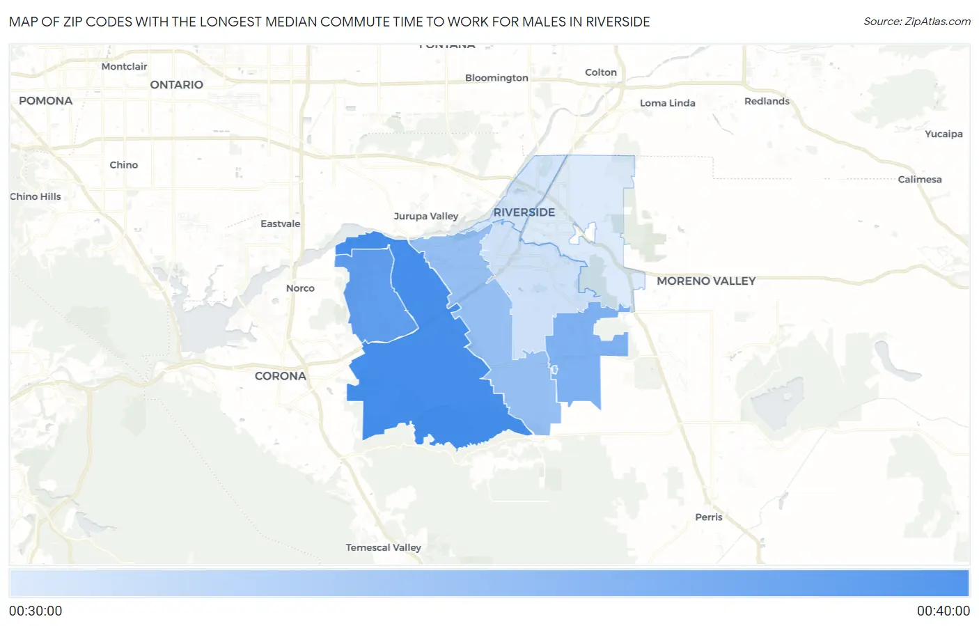 Zip Codes with the Longest Median Commute Time to Work for Males in Riverside Map