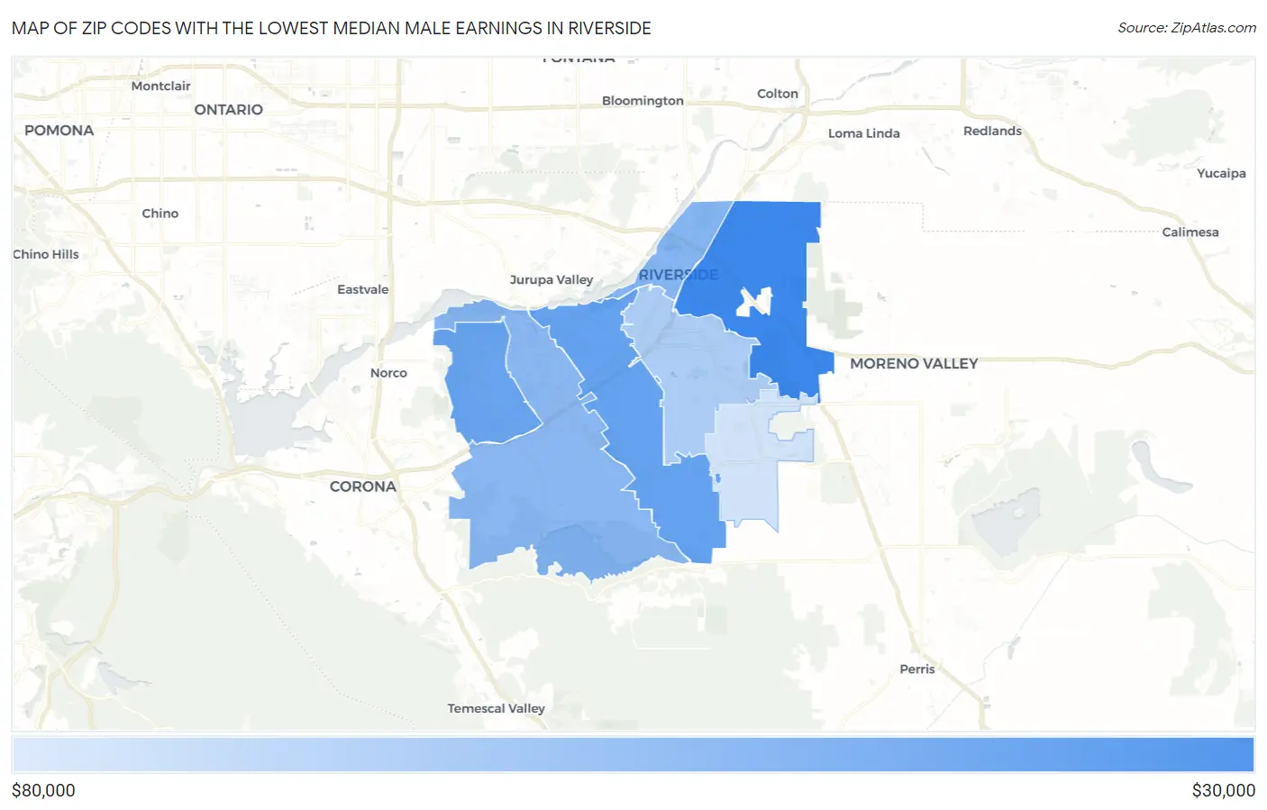 Zip Codes with the Lowest Median Male Earnings in Riverside Map