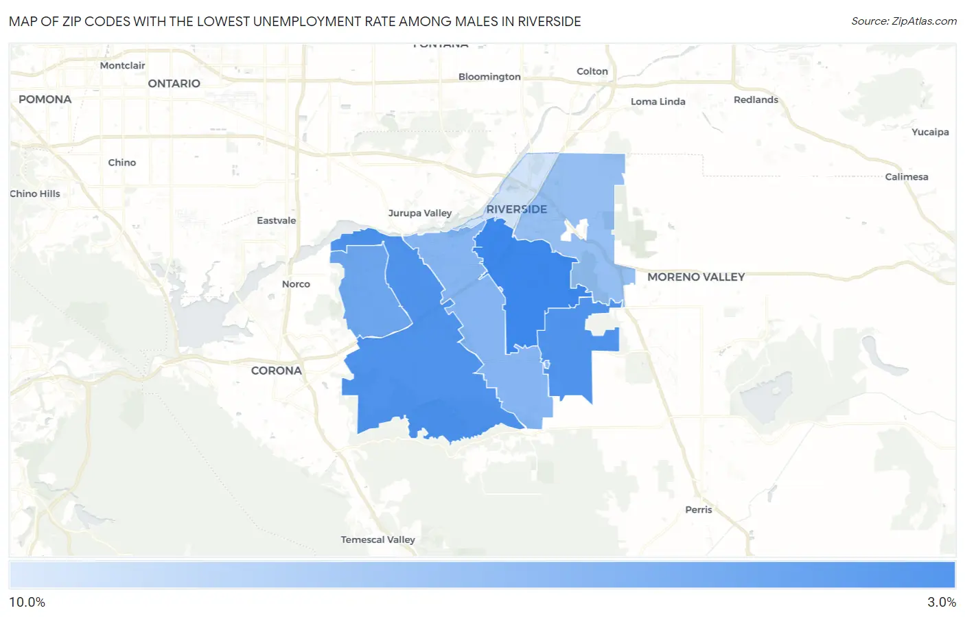 Zip Codes with the Lowest Unemployment Rate Among Males in Riverside Map