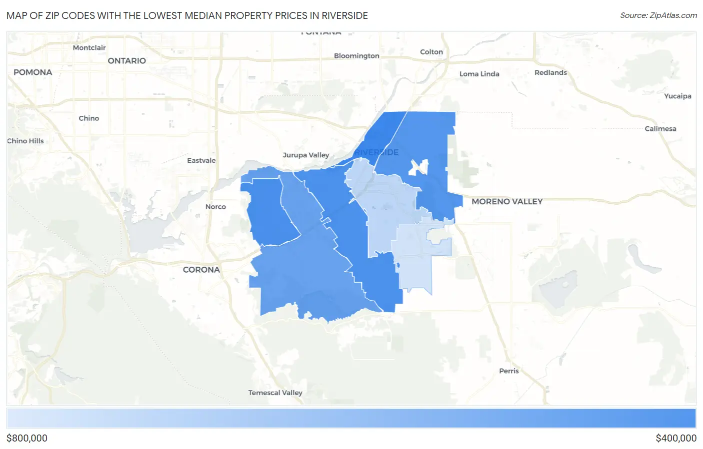 Zip Codes with the Lowest Median Property Prices in Riverside Map