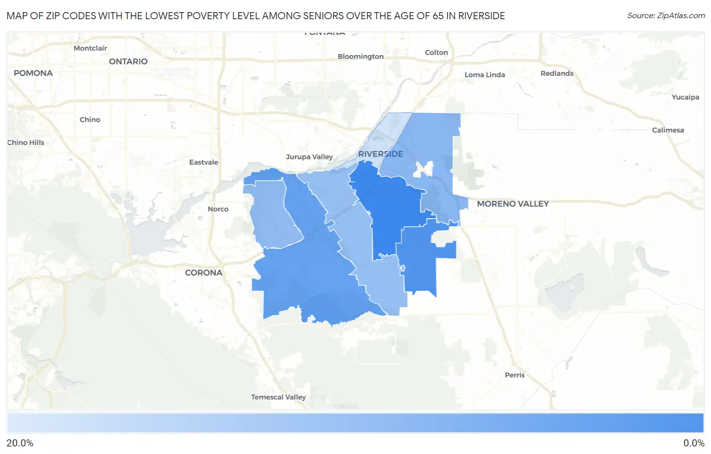 Zip Codes with the Lowest Poverty Level Among Seniors Over the Age of 65 in Riverside Map
