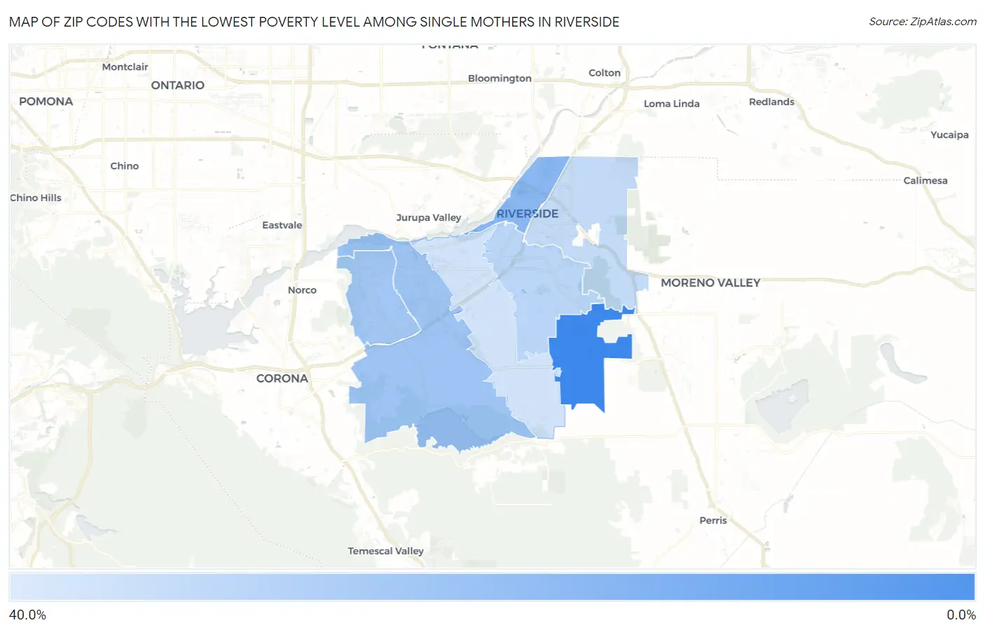 Zip Codes with the Lowest Poverty Level Among Single Mothers in Riverside Map