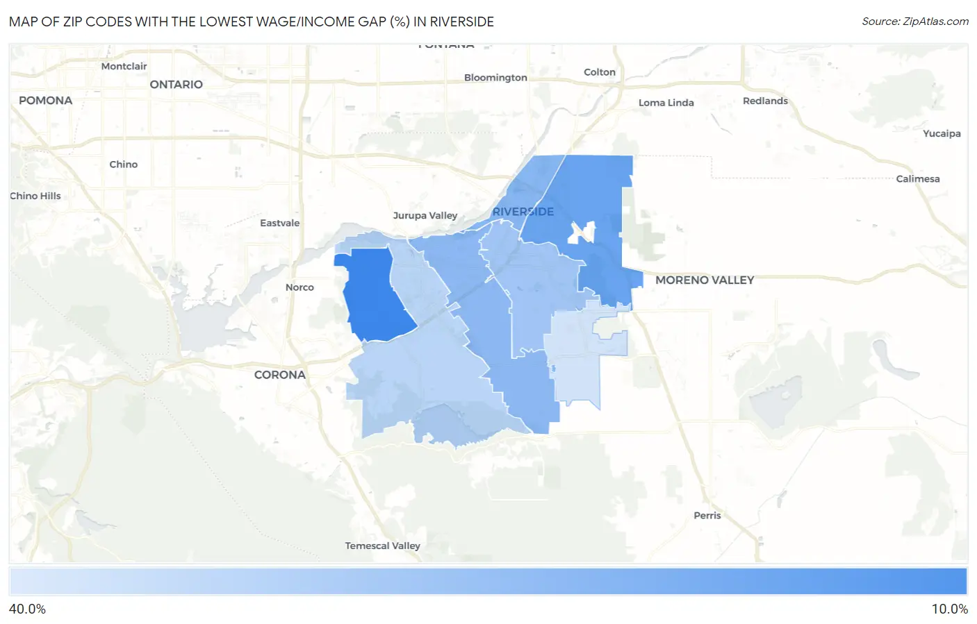 Zip Codes with the Lowest Wage/Income Gap (%) in Riverside Map
