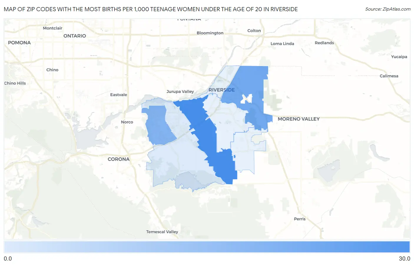 Zip Codes with the Most Births per 1,000 Teenage Women Under the Age of 20 in Riverside Map