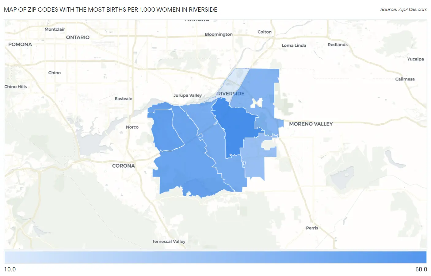 Zip Codes with the Most Births per 1,000 Women in Riverside Map