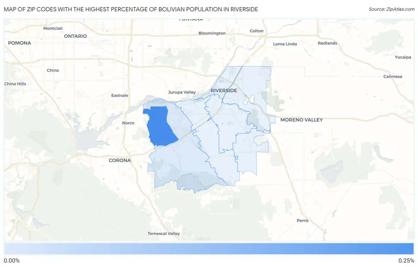 Zip Codes with the Highest Percentage of Bolivian Population in Riverside Map
