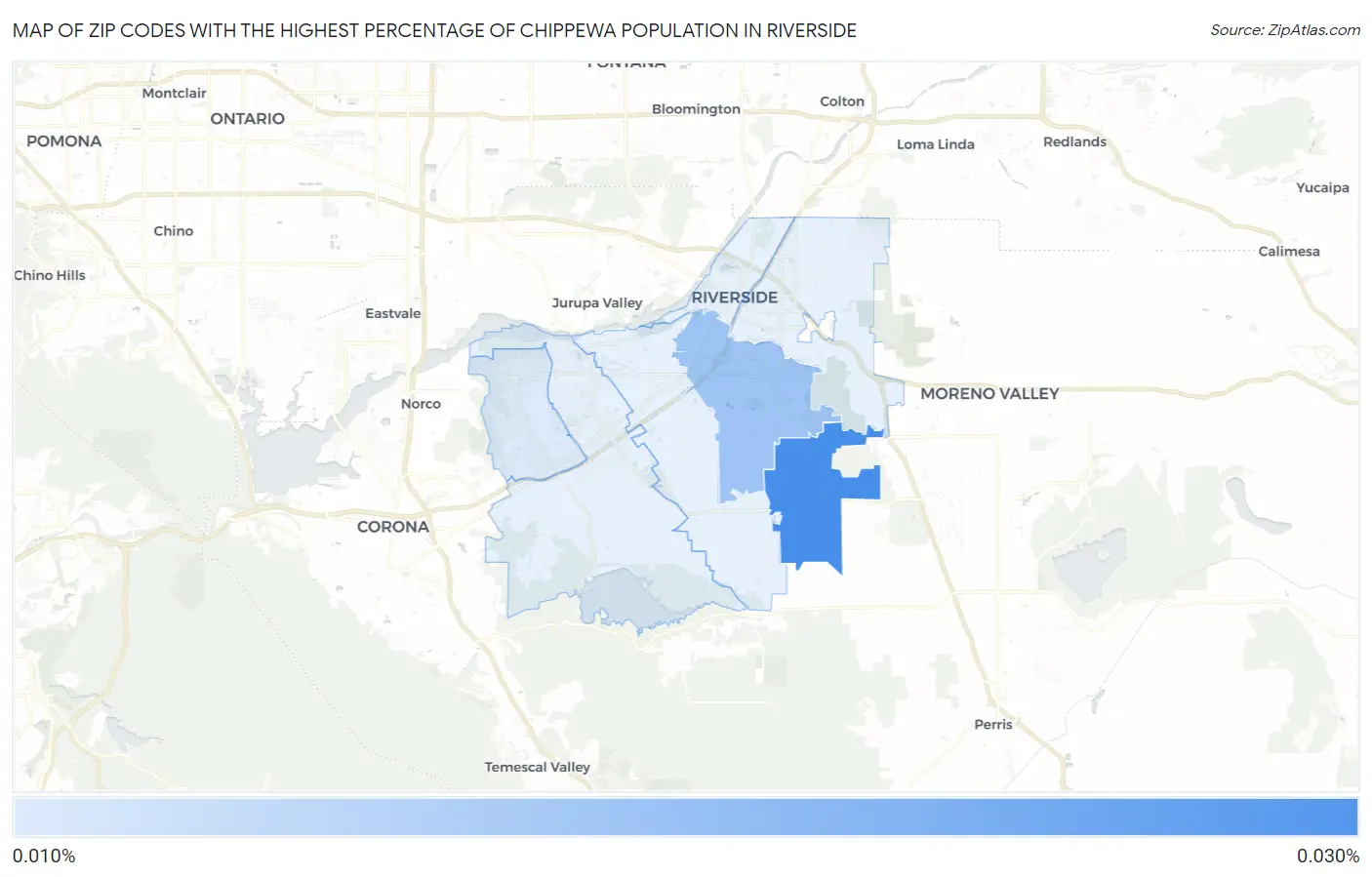Zip Codes with the Highest Percentage of Chippewa Population in Riverside Map