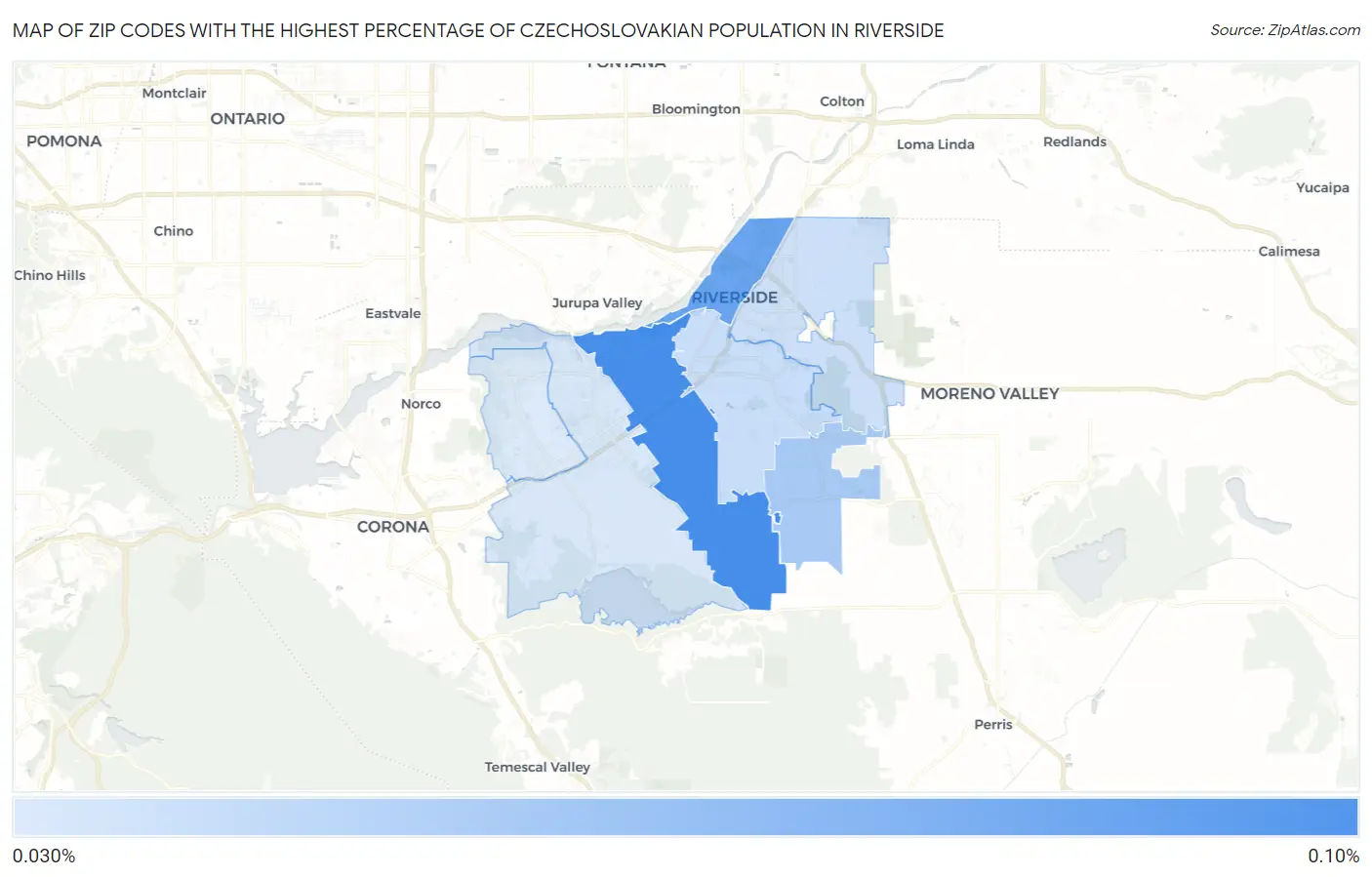 Zip Codes with the Highest Percentage of Czechoslovakian Population in Riverside Map