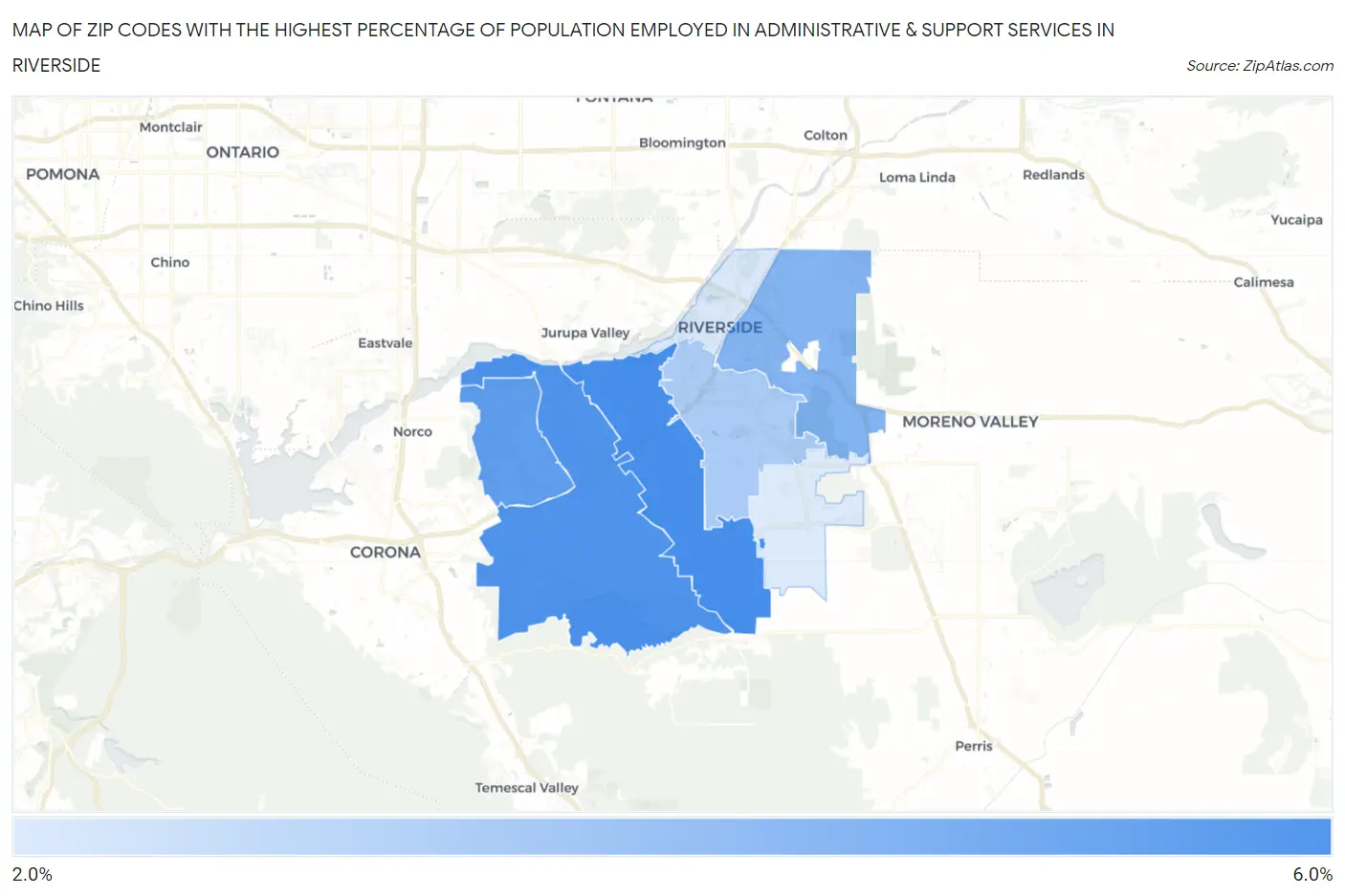 Zip Codes with the Highest Percentage of Population Employed in Administrative & Support Services in Riverside Map