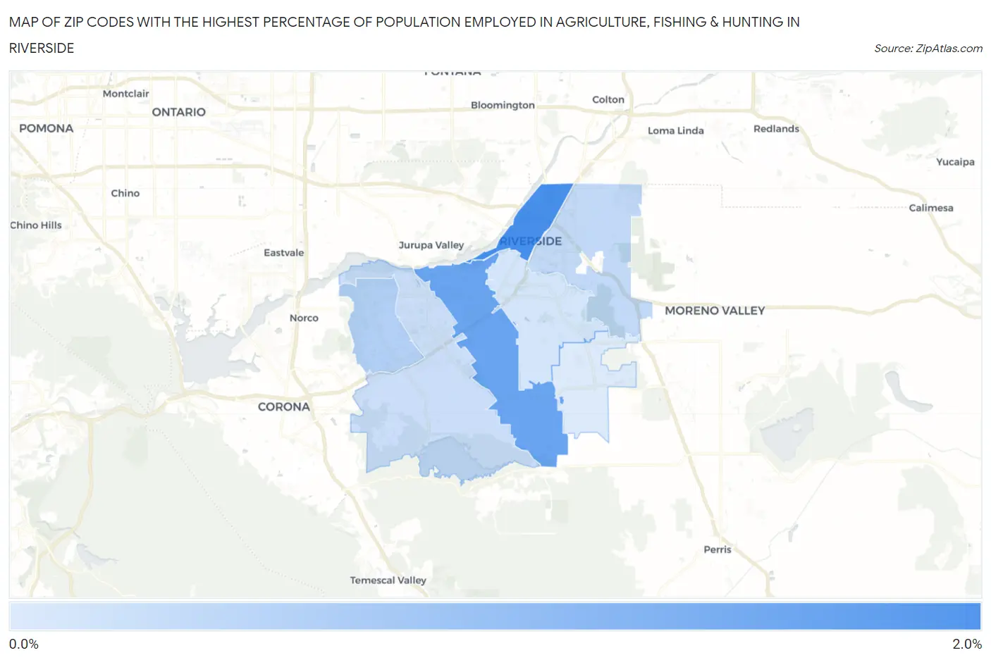 Zip Codes with the Highest Percentage of Population Employed in Agriculture, Fishing & Hunting in Riverside Map