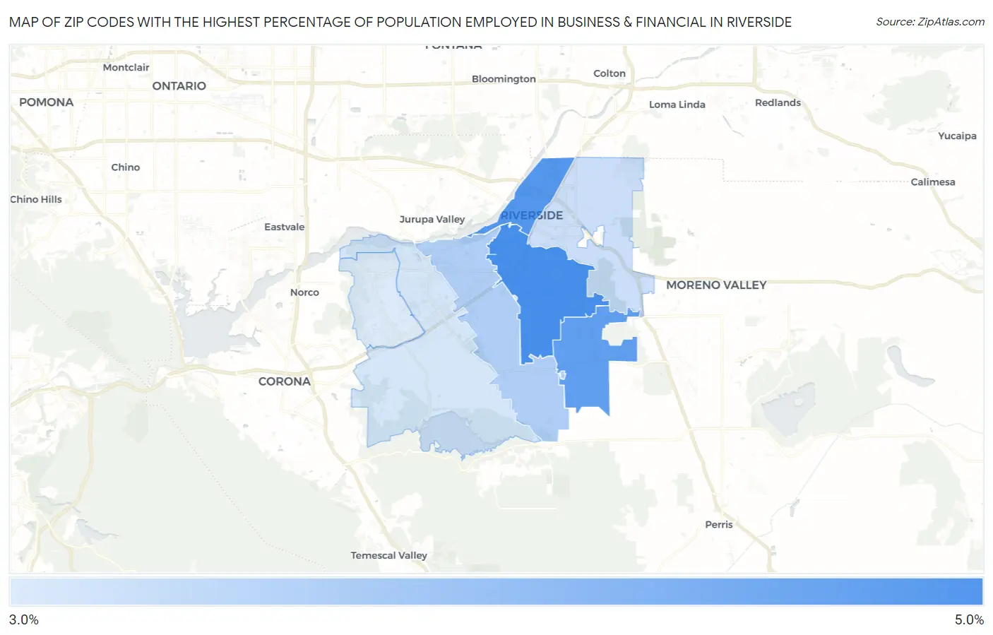 Zip Codes with the Highest Percentage of Population Employed in Business & Financial in Riverside Map