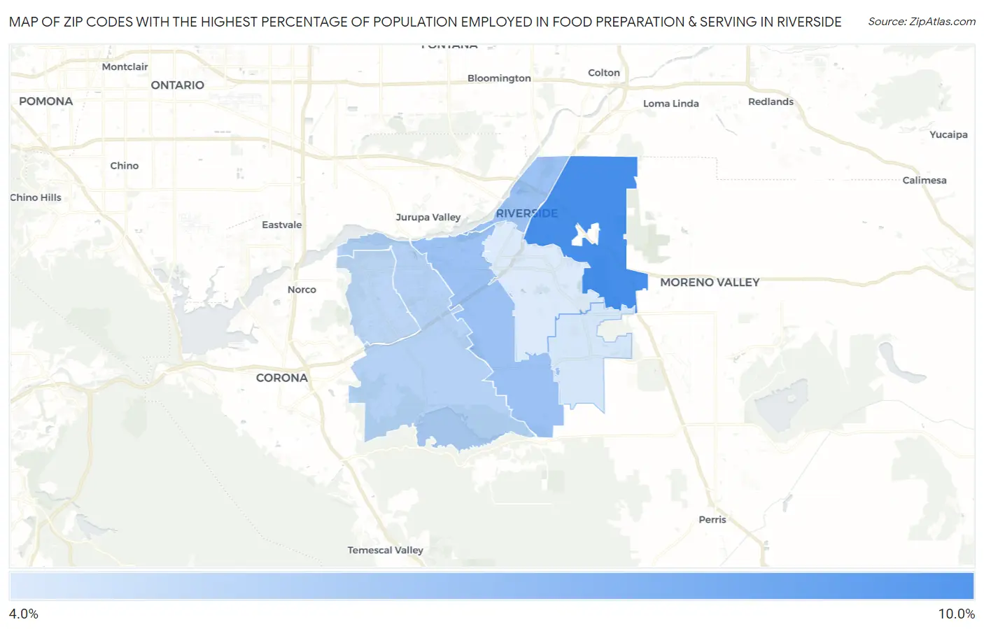 Zip Codes with the Highest Percentage of Population Employed in Food Preparation & Serving in Riverside Map