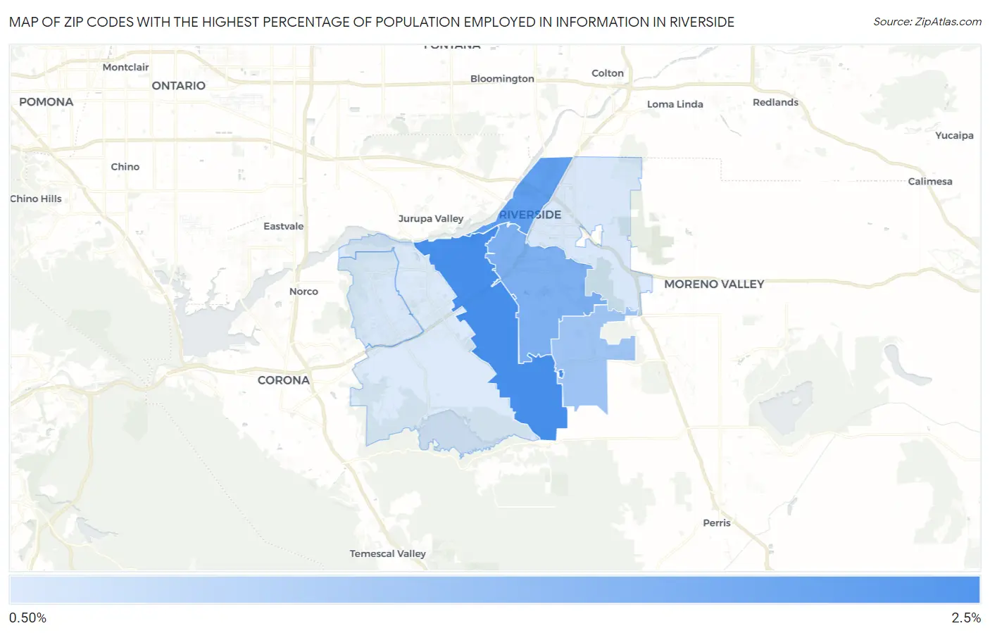 Zip Codes with the Highest Percentage of Population Employed in Information in Riverside Map