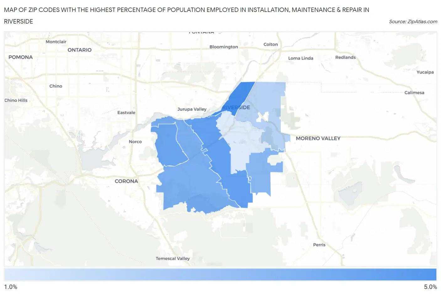 Zip Codes with the Highest Percentage of Population Employed in Installation, Maintenance & Repair in Riverside Map