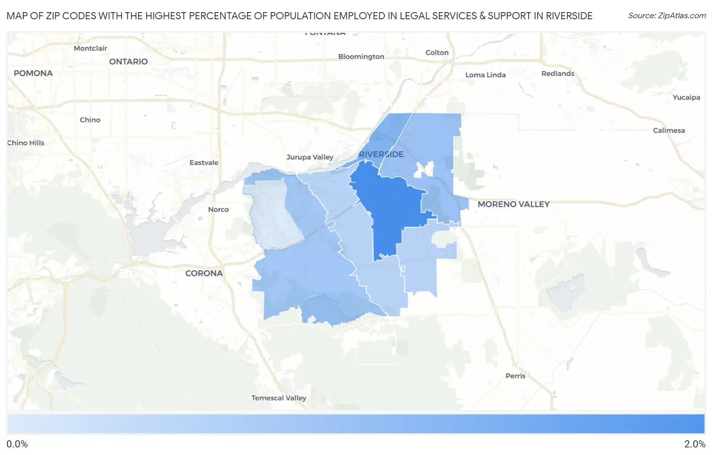 Zip Codes with the Highest Percentage of Population Employed in Legal Services & Support in Riverside Map