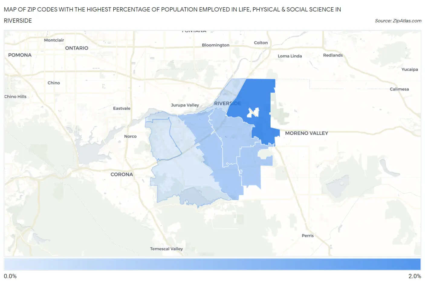 Zip Codes with the Highest Percentage of Population Employed in Life, Physical & Social Science in Riverside Map