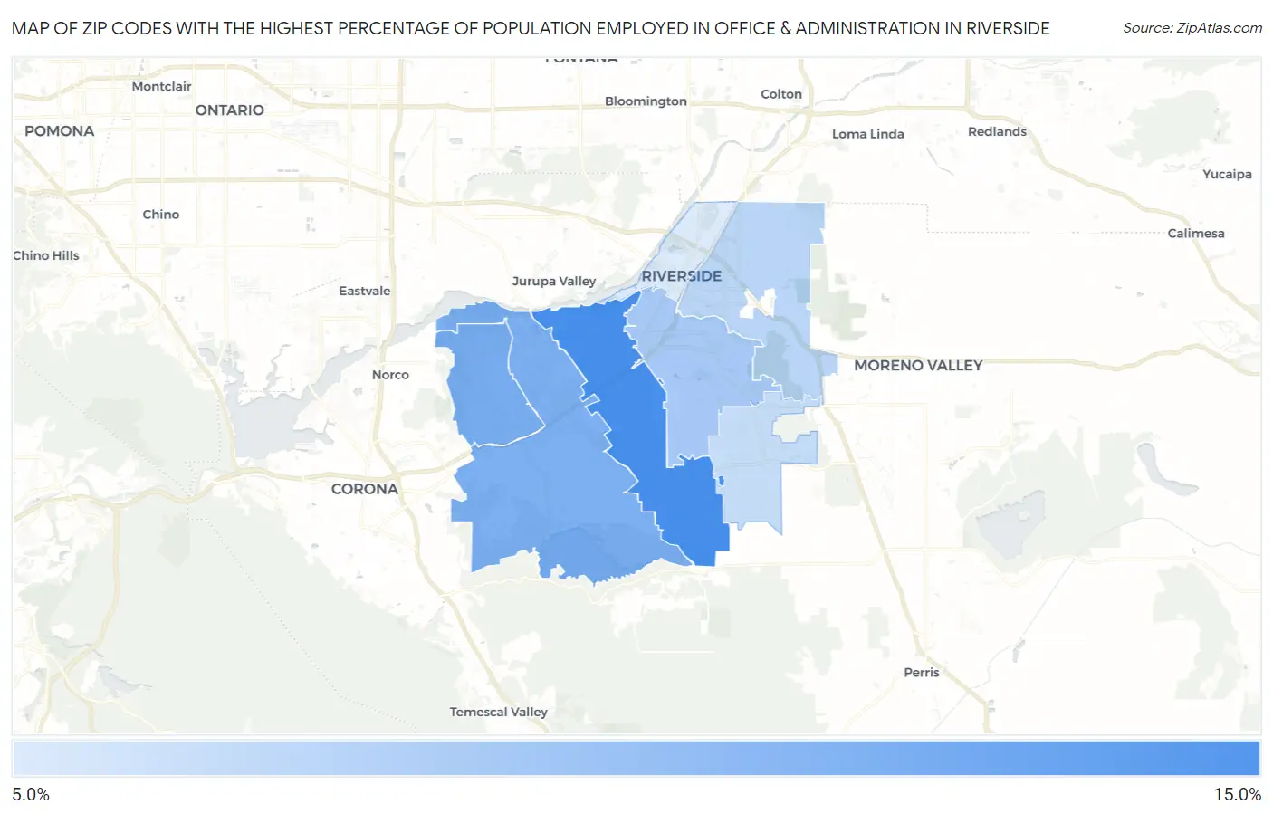 Zip Codes with the Highest Percentage of Population Employed in Office & Administration in Riverside Map