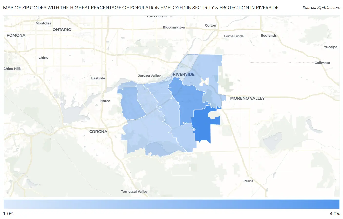 Zip Codes with the Highest Percentage of Population Employed in Security & Protection in Riverside Map