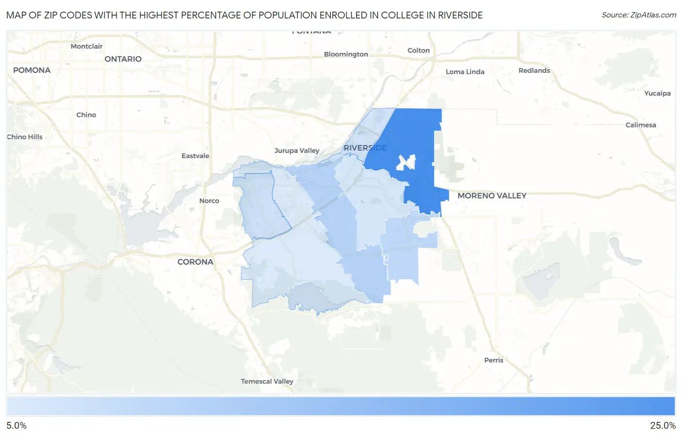 Zip Codes with the Highest Percentage of Population Enrolled in College in Riverside Map