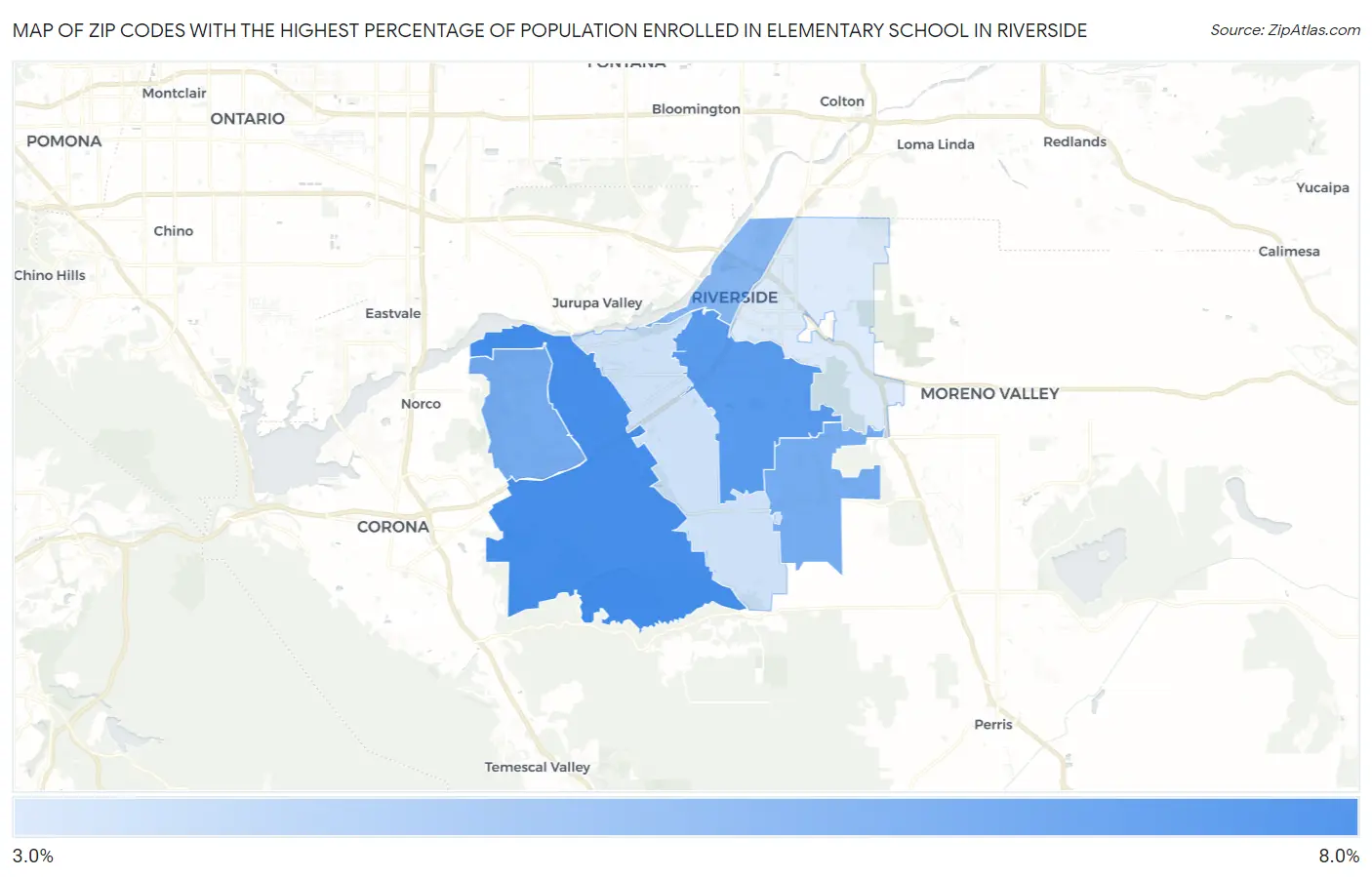 Zip Codes with the Highest Percentage of Population Enrolled in Elementary School in Riverside Map