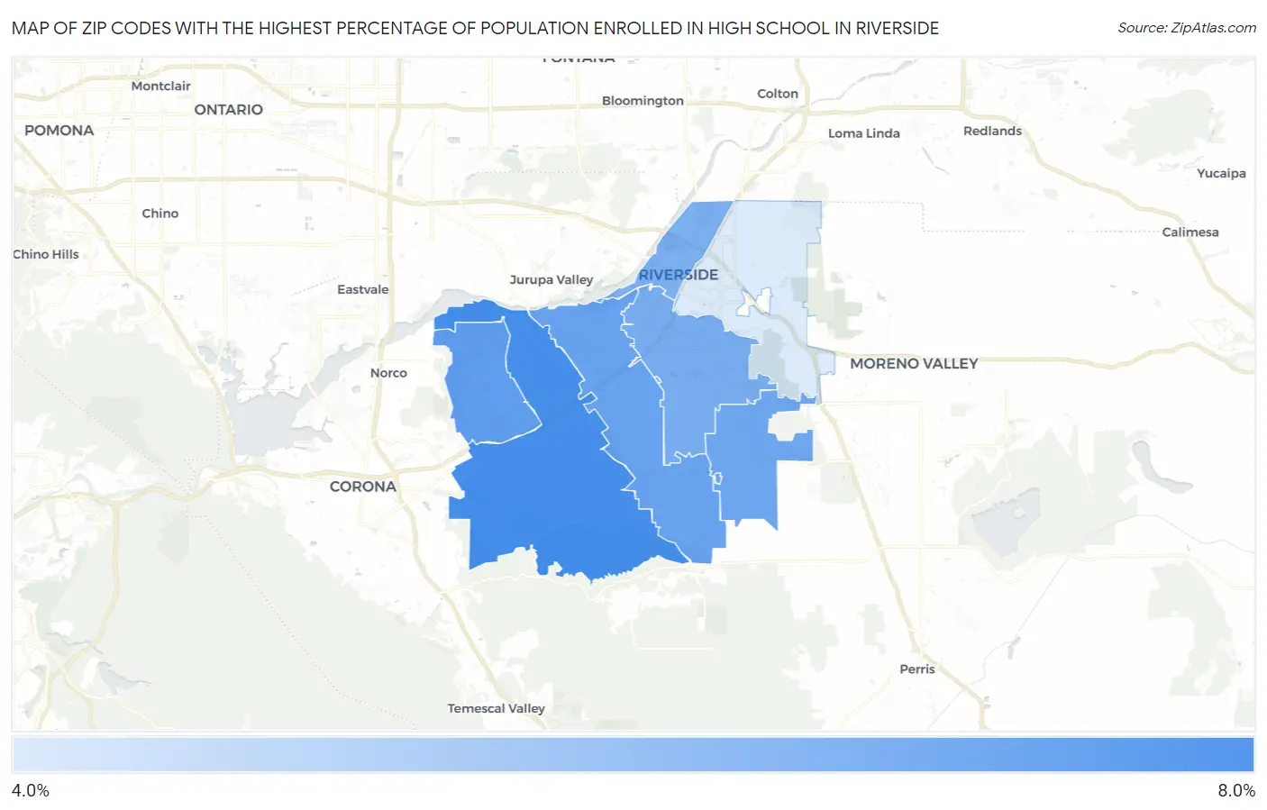 Zip Codes with the Highest Percentage of Population Enrolled in High School in Riverside Map