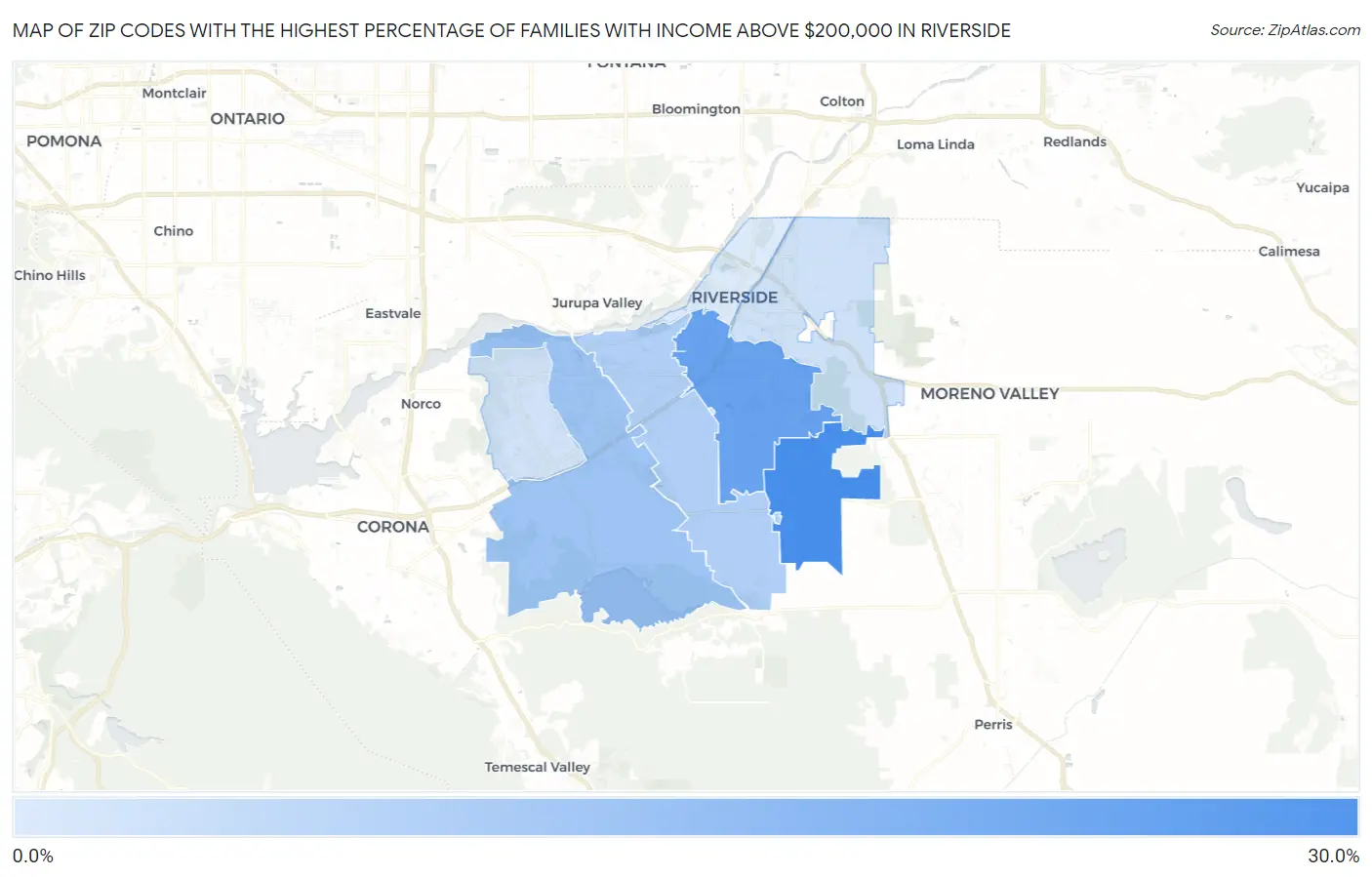 Zip Codes with the Highest Percentage of Families with Income Above $200,000 in Riverside Map