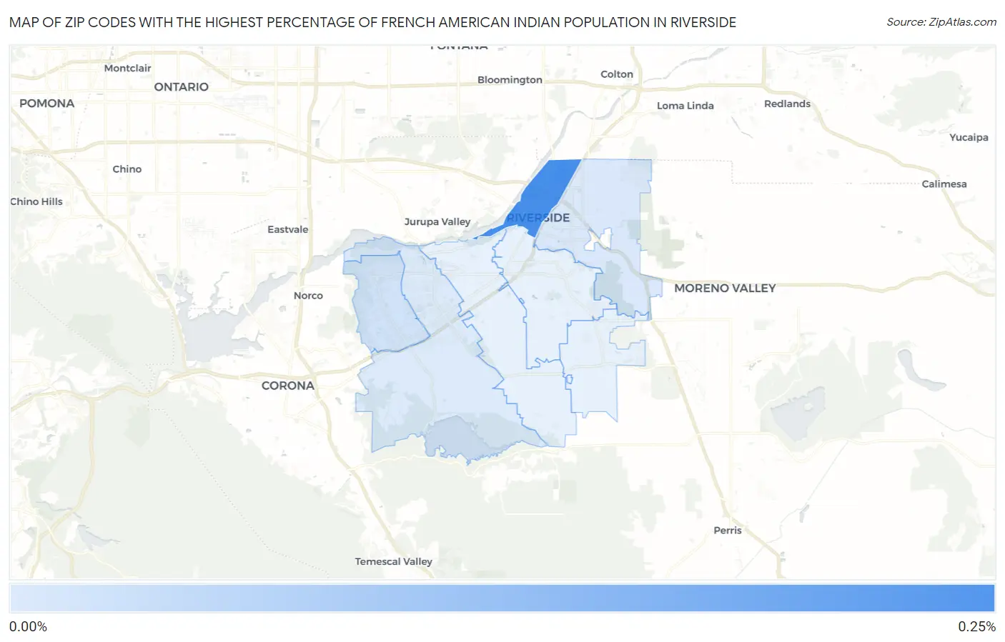 Zip Codes with the Highest Percentage of French American Indian Population in Riverside Map