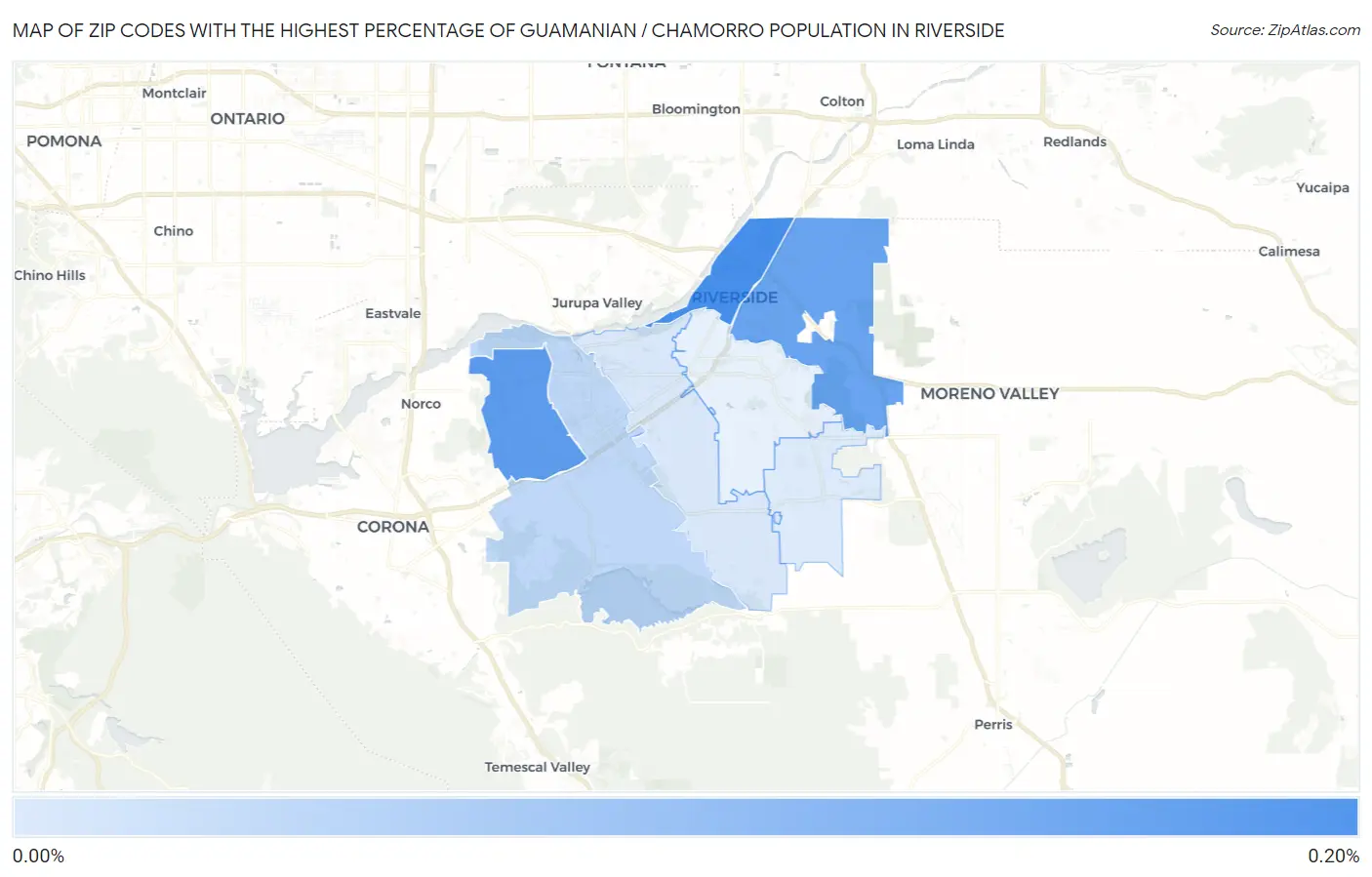 Zip Codes with the Highest Percentage of Guamanian / Chamorro Population in Riverside Map