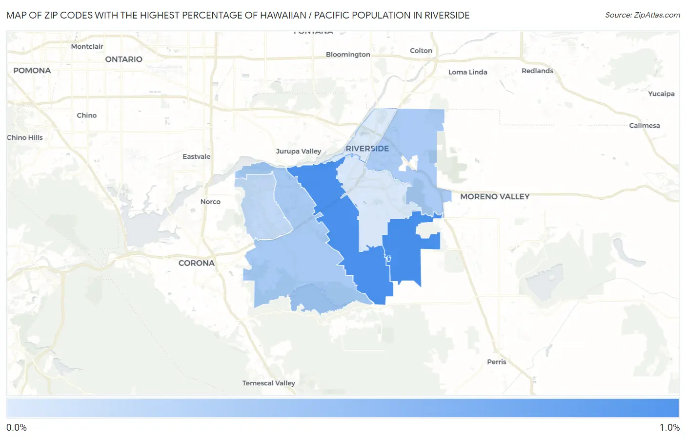 Zip Codes with the Highest Percentage of Hawaiian / Pacific Population in Riverside Map