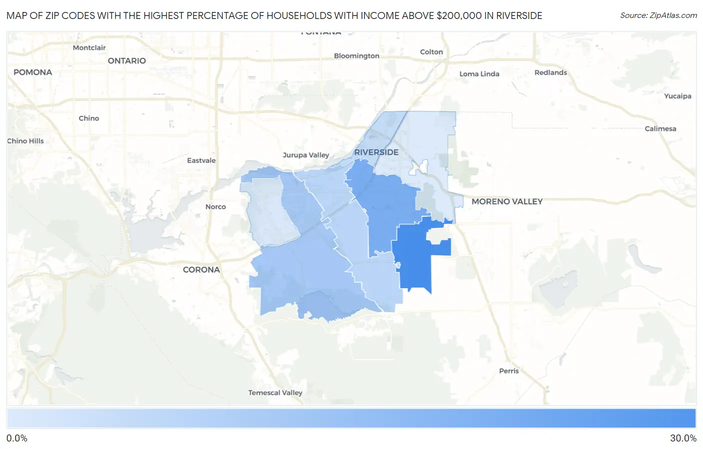 Zip Codes with the Highest Percentage of Households with Income Above $200,000 in Riverside Map
