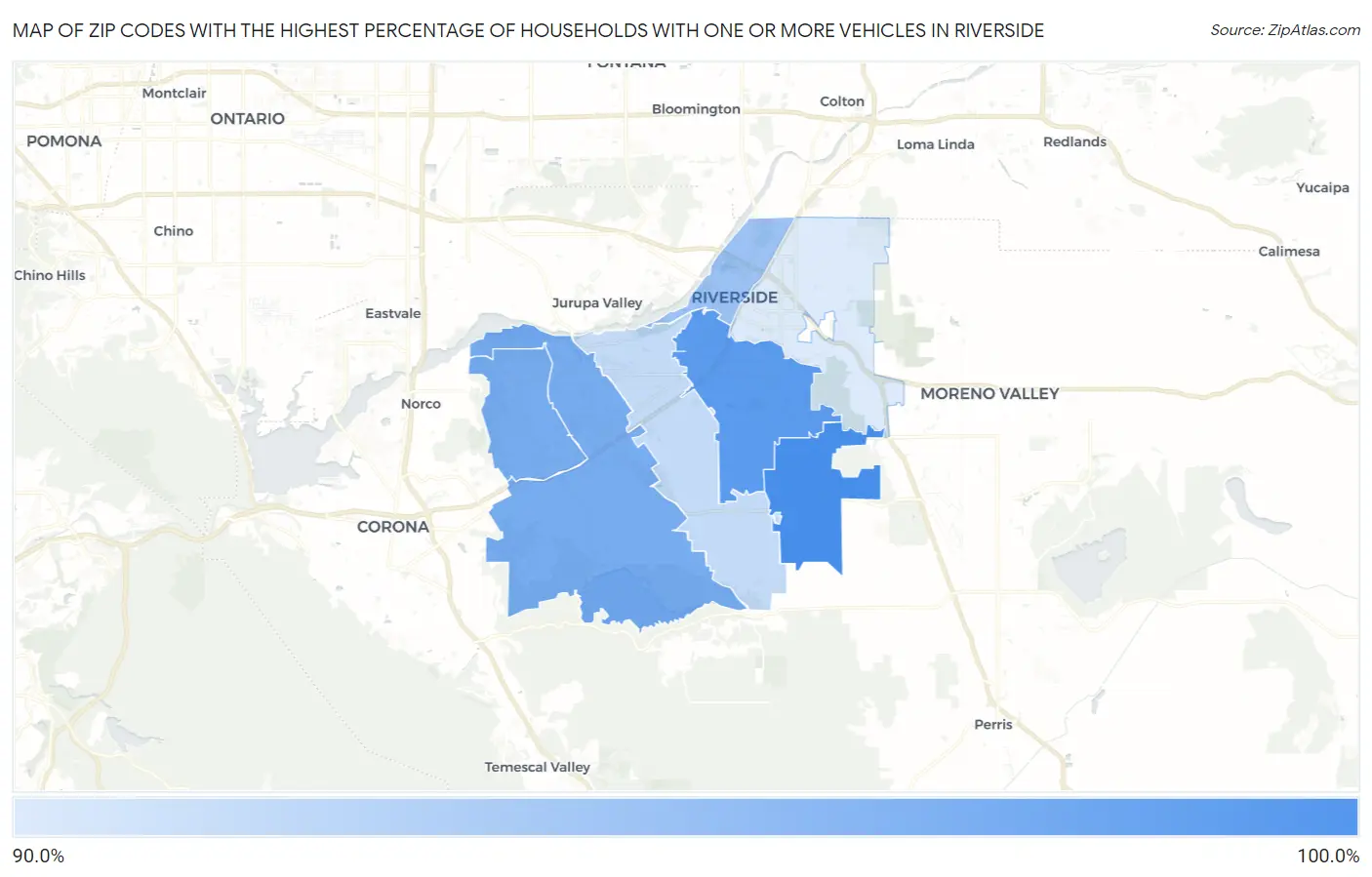 Zip Codes with the Highest Percentage of Households With One or more Vehicles in Riverside Map
