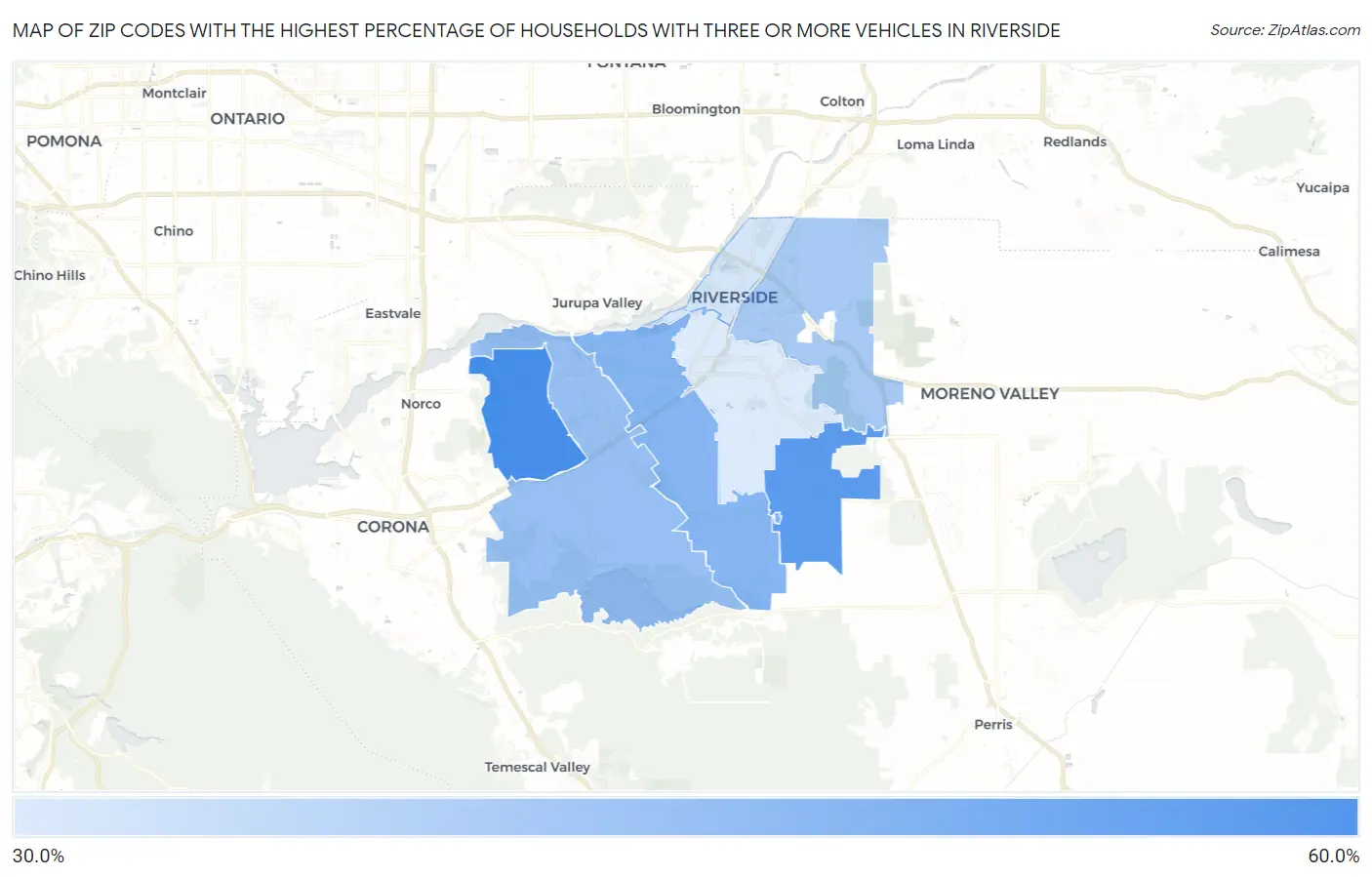 Zip Codes with the Highest Percentage of Households With Three or more Vehicles in Riverside Map