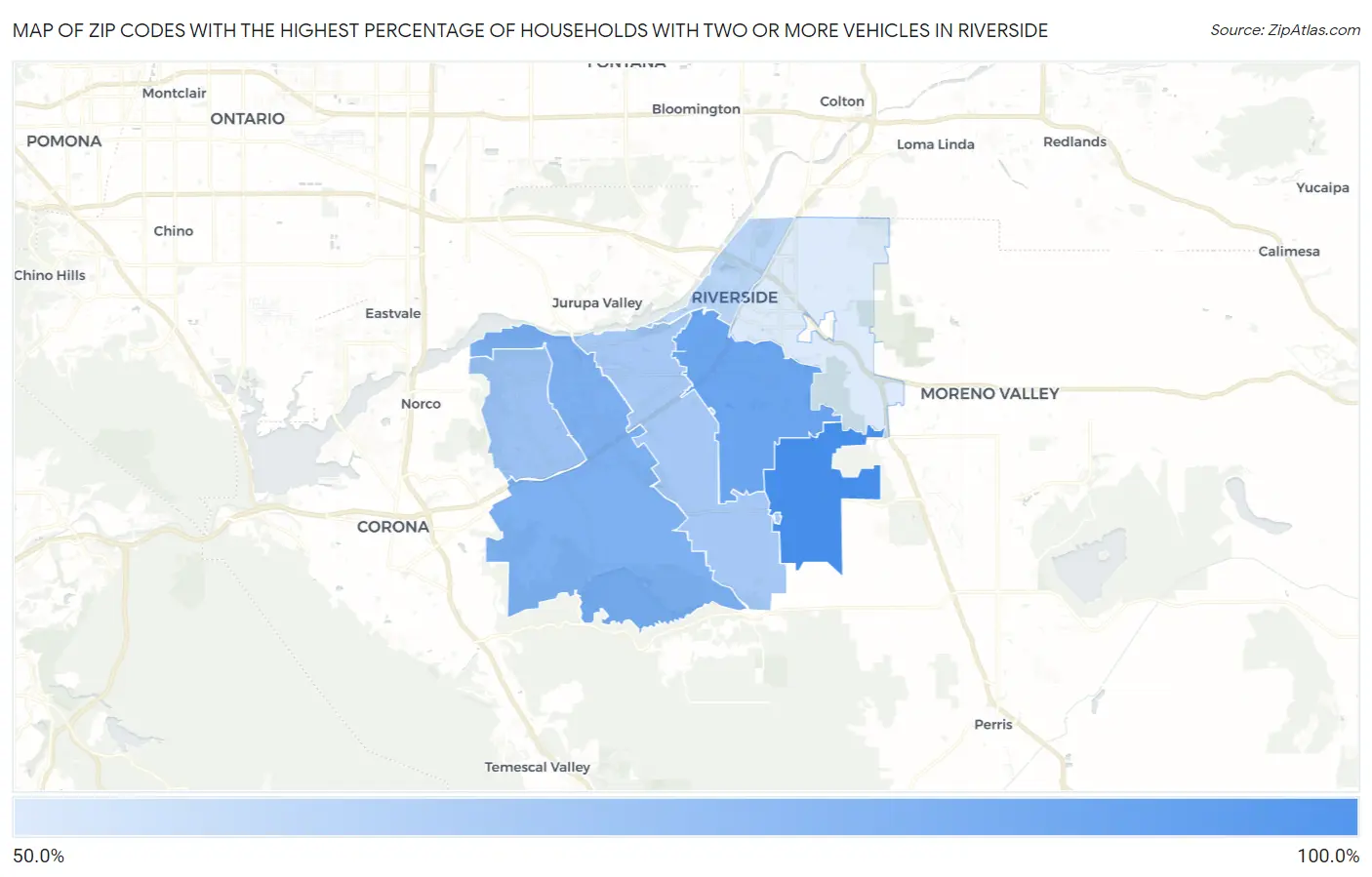 Zip Codes with the Highest Percentage of Households With Two or more Vehicles in Riverside Map