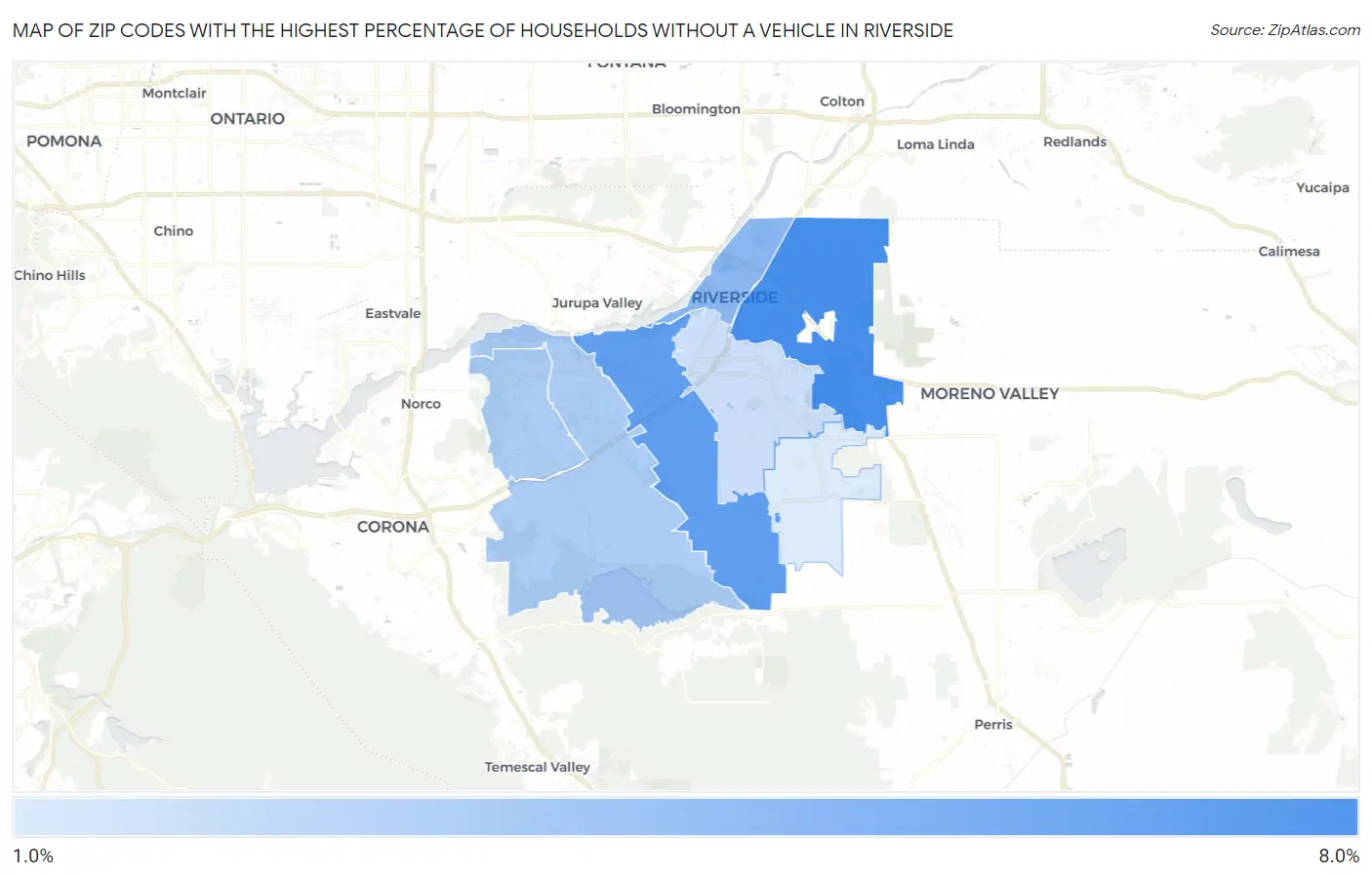 Zip Codes with the Highest Percentage of Households Without a Vehicle in Riverside Map